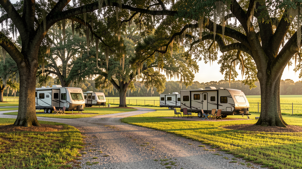 Shaded gravel lane running past widely spaced RV lots under mature oaks at Ivy Hill