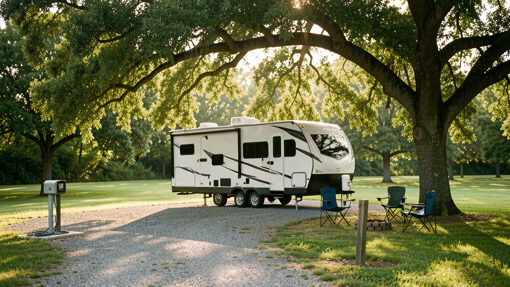 A spacious shaded gravel-and-grass RV lot at Ivy Hill